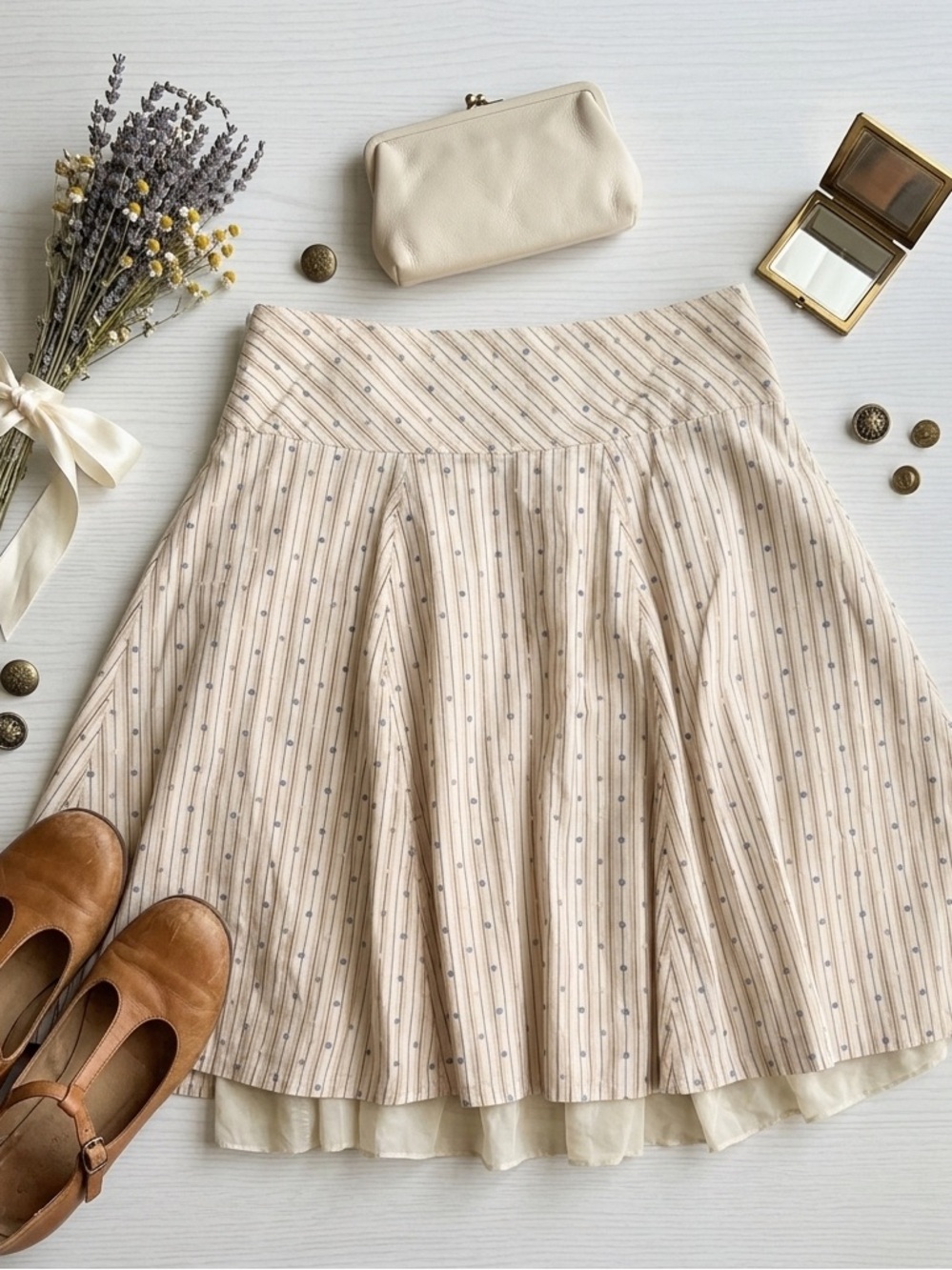 Bisou Bisou Cream and Tan Striped A-Line Skirt with Tiny Dot Print